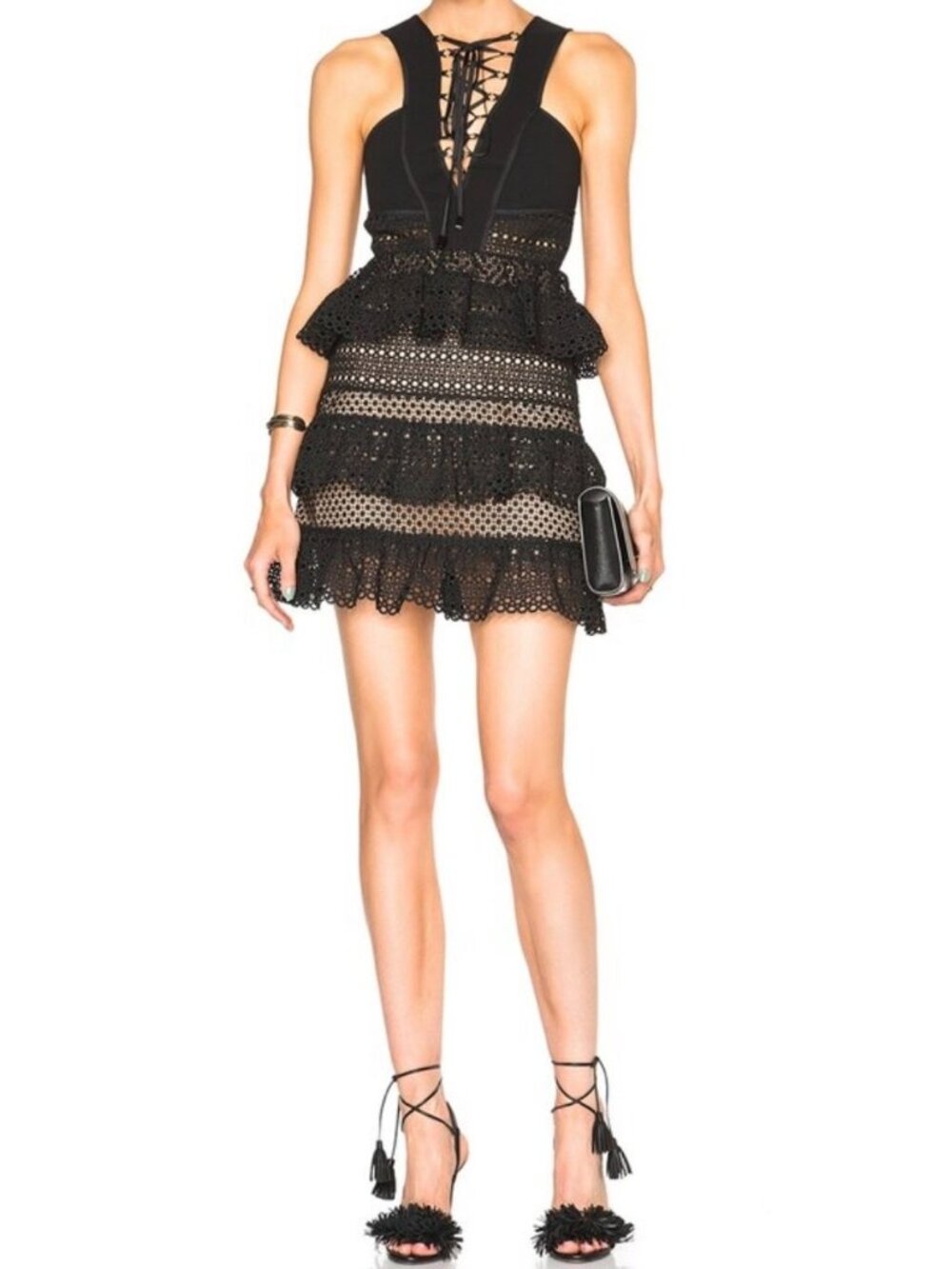 Self Portrait Lace Up Tiered Dress in Black - Picture 12 of 15